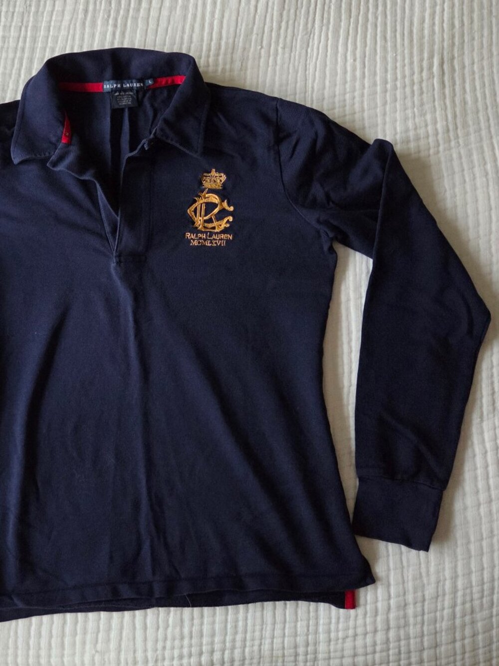 Ralph Lauren Navy Long Sleeve Polo Size L Cotton w/ gold crest - Picture 3 of 6